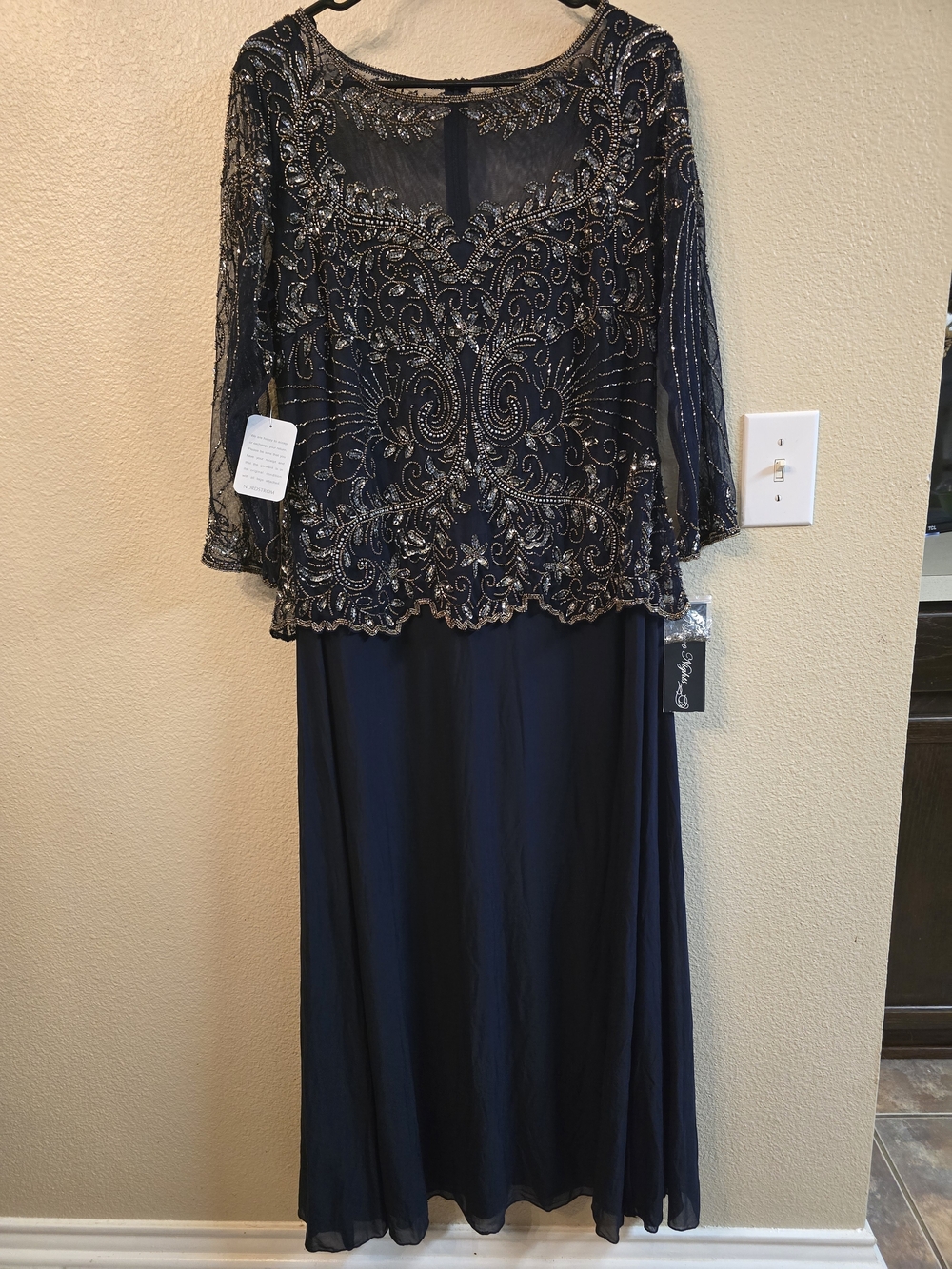 Elegant Navy Beaded Evening Dress with Sheer Overlay